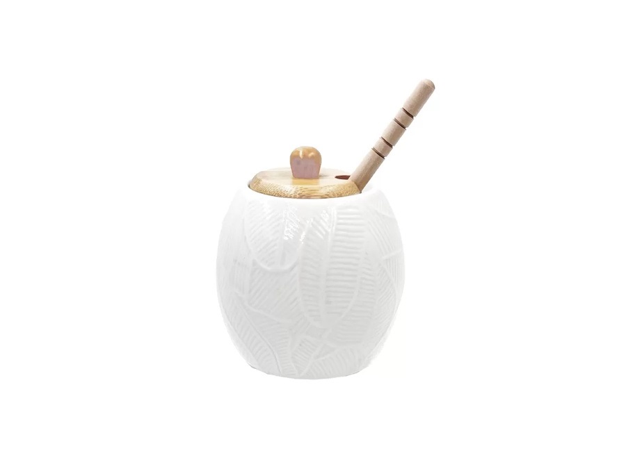 LA PORCELLANA BIANCA Intavola, mieliera foglie con coperchio, 250 ml