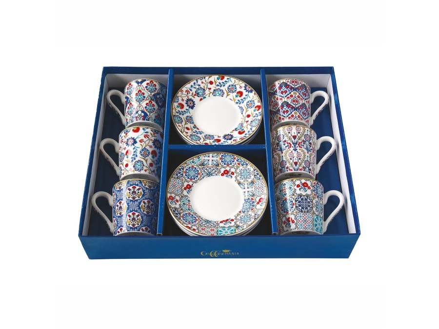 EASY LIFE Iznik, Set 6 tazzine caffè con piattino in scatola regalo 100 ml