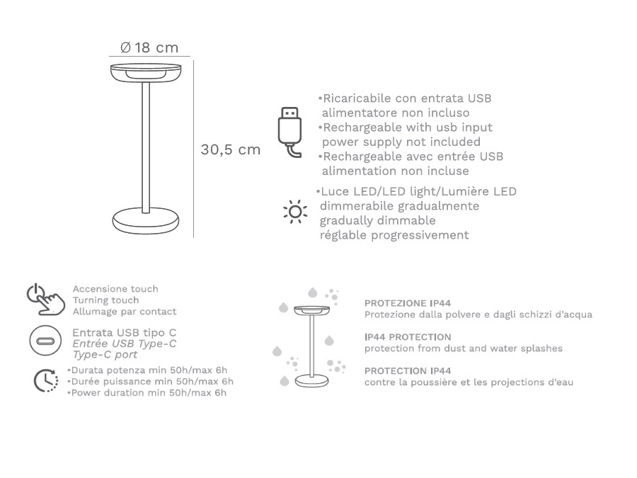 WD LIFESTYLE Lampada da tavolo ricaricabile nero