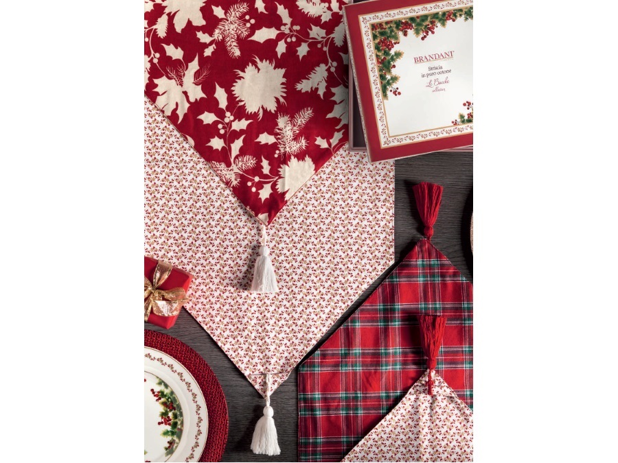 BRANDANI GIFT GROUP S.A.S. Le bacche, Striscia punta c/scatola regalo, 1 lato foglie bicolore, 1 lato micro con nappe avorio 45x140 cm