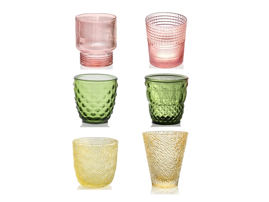 IVV LE COPPIE, SET 6 BICCHIERI ACQUA ROSA/VERDE/GIALLO FORME ASSORTITE