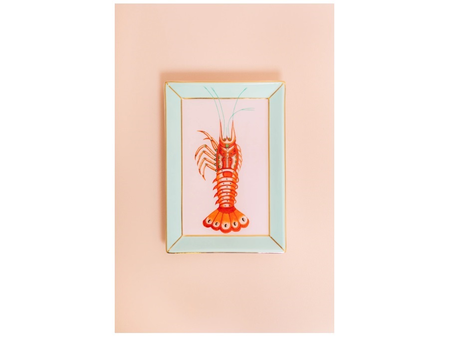 YVONNE ELLEN LONDON Lobster, vassoio rettangolare in porcellana 17,5x12 cm