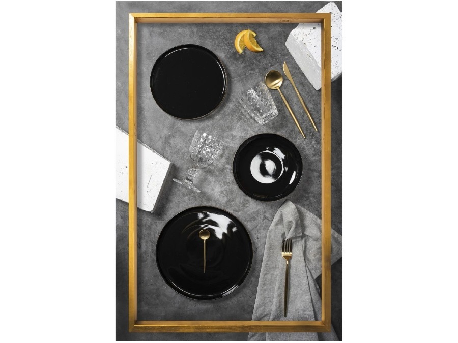 VILLA D'ESTE HOME TIVOLI Luxury black, Servizio piatti 12 pezzi in porcellana bordo oro, 4 posti tavola