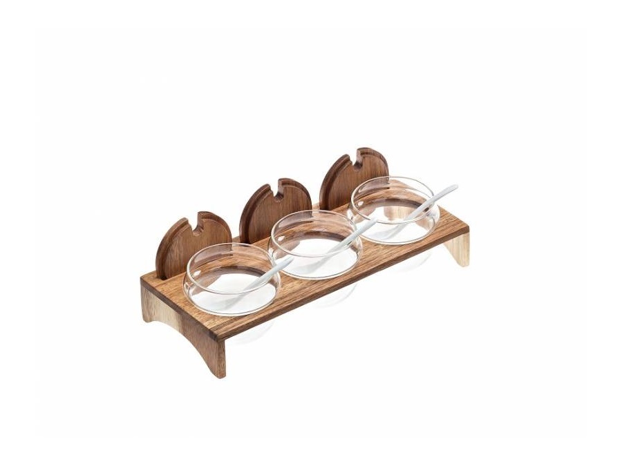 LEONE Marmellatiera - Set con supporto in acacia, tre vasetti in vetro e tre cucchiaini in melamina, 29,5x12,5x5 cm