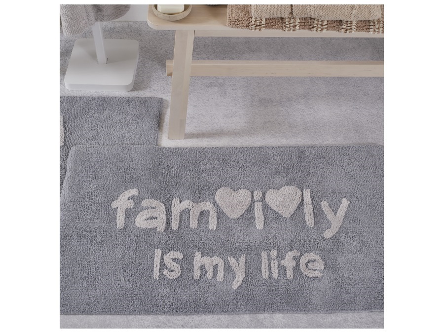 MAISON SUCREE Messaggi family, tappeto in puro cotone con trattamento antiscivolo 60x110, grigio