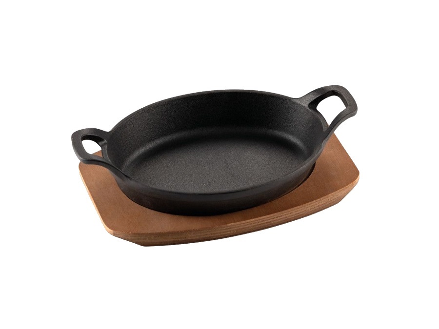ILSA Mini tegame ovale in ghisa smaltata con vassoio in legno - 20x15 cm
