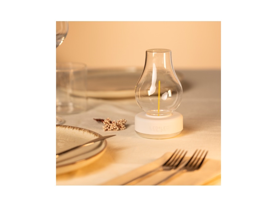LEDBYLED Nina, lampada da tavolo led senza fili in vetro clear - base bianca/argento