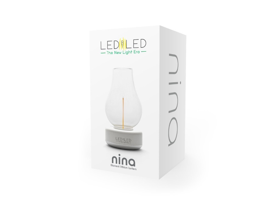 LEDBYLED Nina, lampada da tavolo led senza fili in vetro clear - base bianca/argento