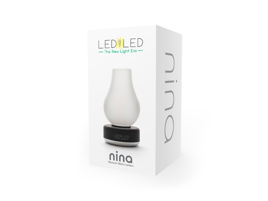 LEDBYLED Nina, lampada da tavolo led senza fili in vetro frost - base nera/argento