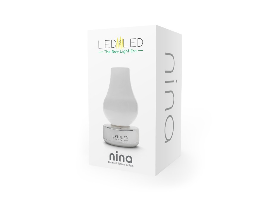 LEDBYLED Nina, lampada da tavolo led senza fili in vetro milky - base argento