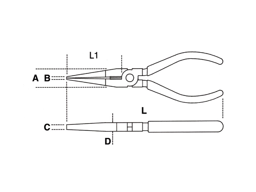 BETA UTENSILI Pinza a becchi piatti lunghissimi diritti - MISURA L (160 mm) - L1 (56 mm) - Cavo (1,6 mm) - A (19 mm) - B (3 mm) - C (5 mm) - D (9 mm)