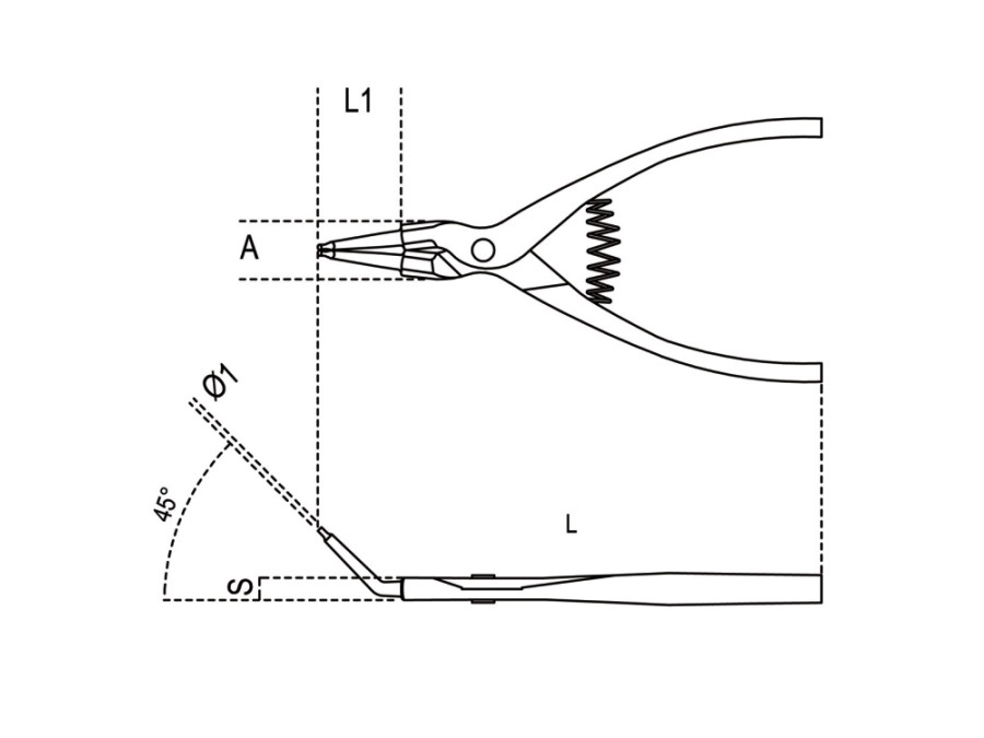 BETA UTENSILI PINZE A BECCHI PIEGATI A 45° PER ANELLI ELASTICI DI SICUREZZA PER ALBERI, MANICI RICOPERTI IN PVC - ART. 1037