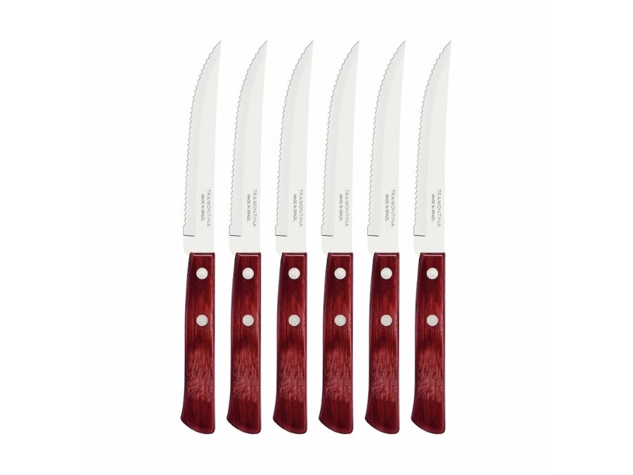 TRAMONTINA Polywood Rosso, Set 6 Coltelli Bistecca con Lame in Acciaio Inox e Manici in Legno Trattato