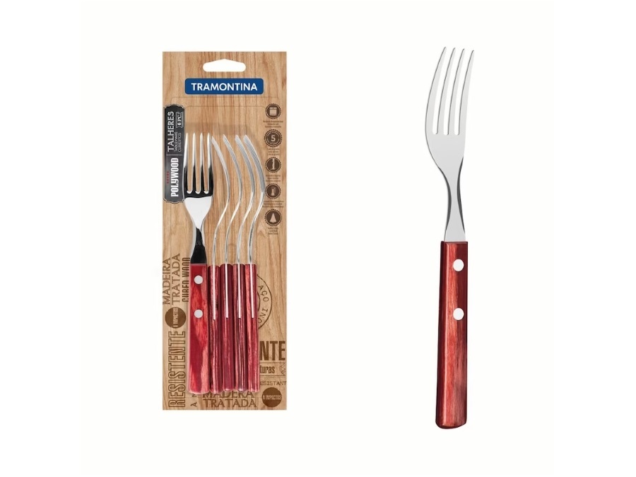 TRAMONTINA Polywood Rosso, Set 6 Forchette da Tavola con Denti in Acciaio Inox e Manici in Legno Trattato