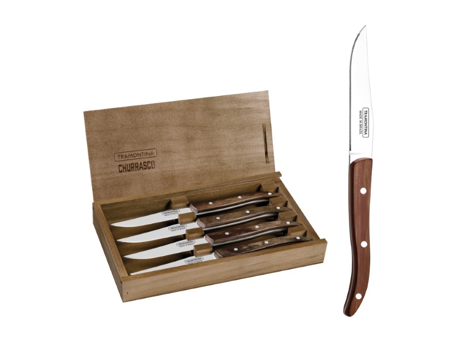 TRAMONTINA Polywood, Set 4 Coltelli Barbecue con Lame in Acciaio Inox e Manici in Legno Trattato