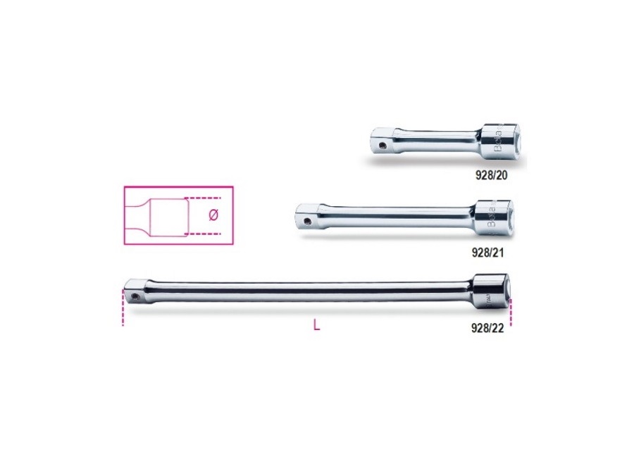 BETA UTENSILI PROLUNGHE CON ATTACCHI QUADRI MASCHIO E FEMMINA 3/4" CROMATE - ART. 928/20 - 928/21 - 928/22