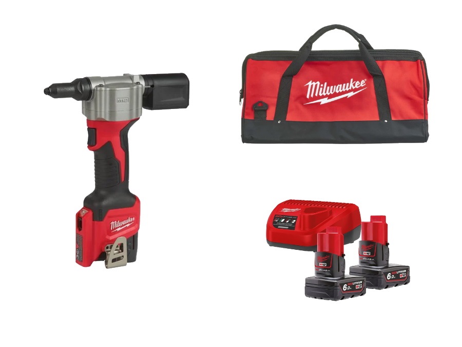 MILWAUKEE Rivettatrice compatta con 2 batterie, caricabatterie e borsa