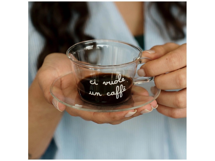 SIMPLE DAY LIVING & LIFESTYLE Set 2 tazzine con piattino in vetro Ci vuole un caffè