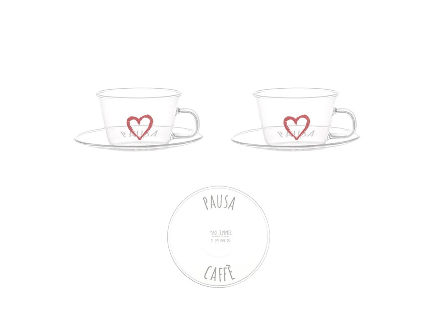 SIMPLE DAY LIVING & LIFESTYLE Set 2 tazzine espresso con piattino Pausa Caffè cuore rosso