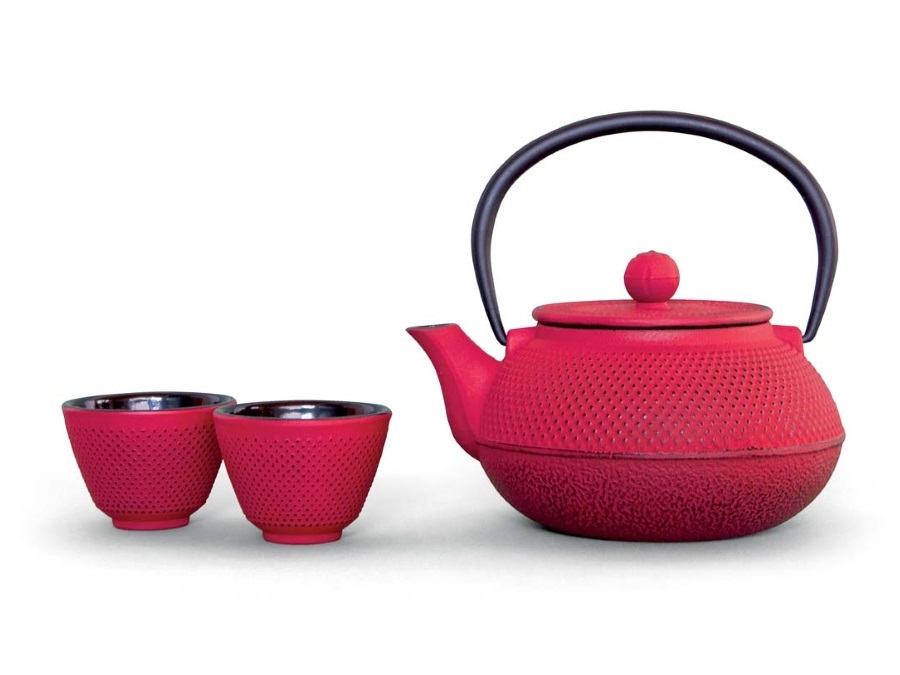 WD LIFESTYLE Set teiera con filtro con 4 bicchieri in ghisa rosso