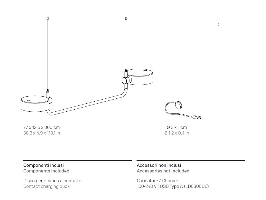 ZAFFERANO S.R.L. Super O, lampada ricaricabile a sospensione, 2 moduli - bianco