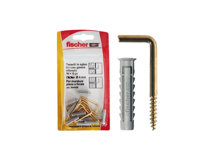 FISCHER Tassello SX 4 con gancetto appendiquadri in blister, Ø foro 4 mm, oro, 10 pz