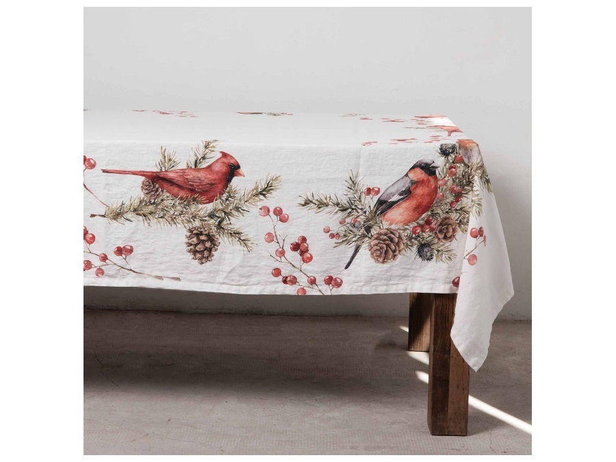 SIMPLE DAY LIVING & LIFESTYLE Tovaglia in lino bianco stampa Winter Birds, 160x260 cm