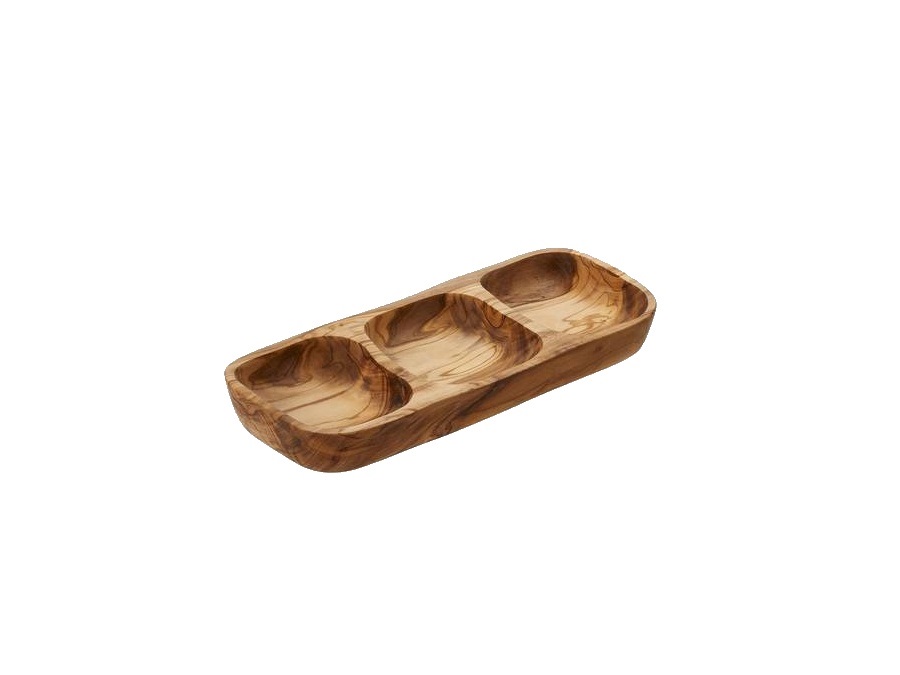 LEONE Vassoio in legno di ulivo, 3 scomparti - 30x15x3,5 cm