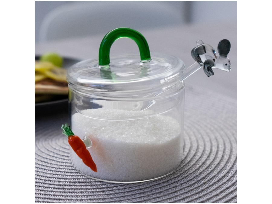 WD LIFESTYLE Zuccheriera in vetro borosilicato con cucchiaino coniglio e carota - 300 ml
